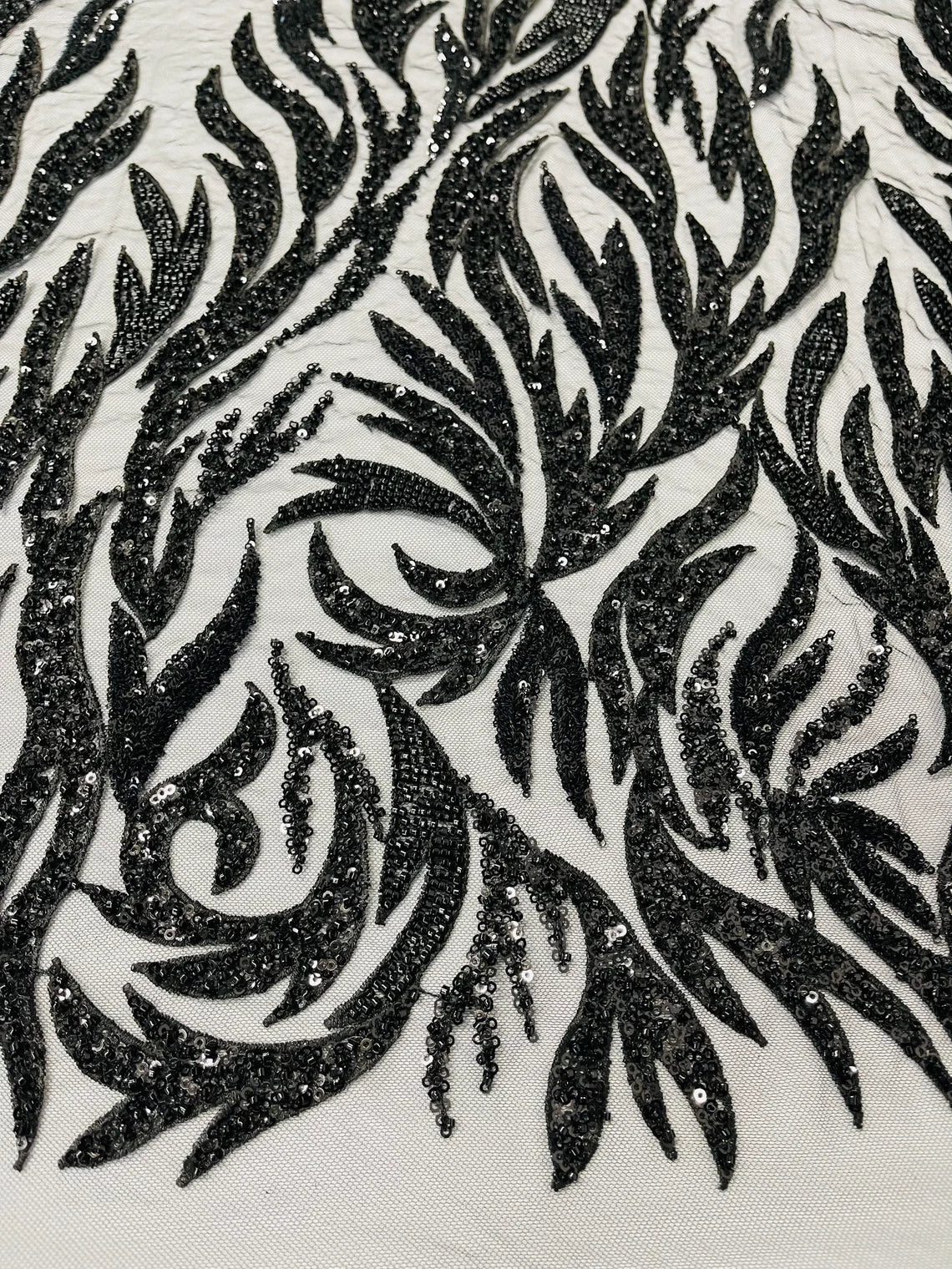 Fire Flame Bead Design - Black - Embroidered Fire Flame Design Fabric with Beads by Yard