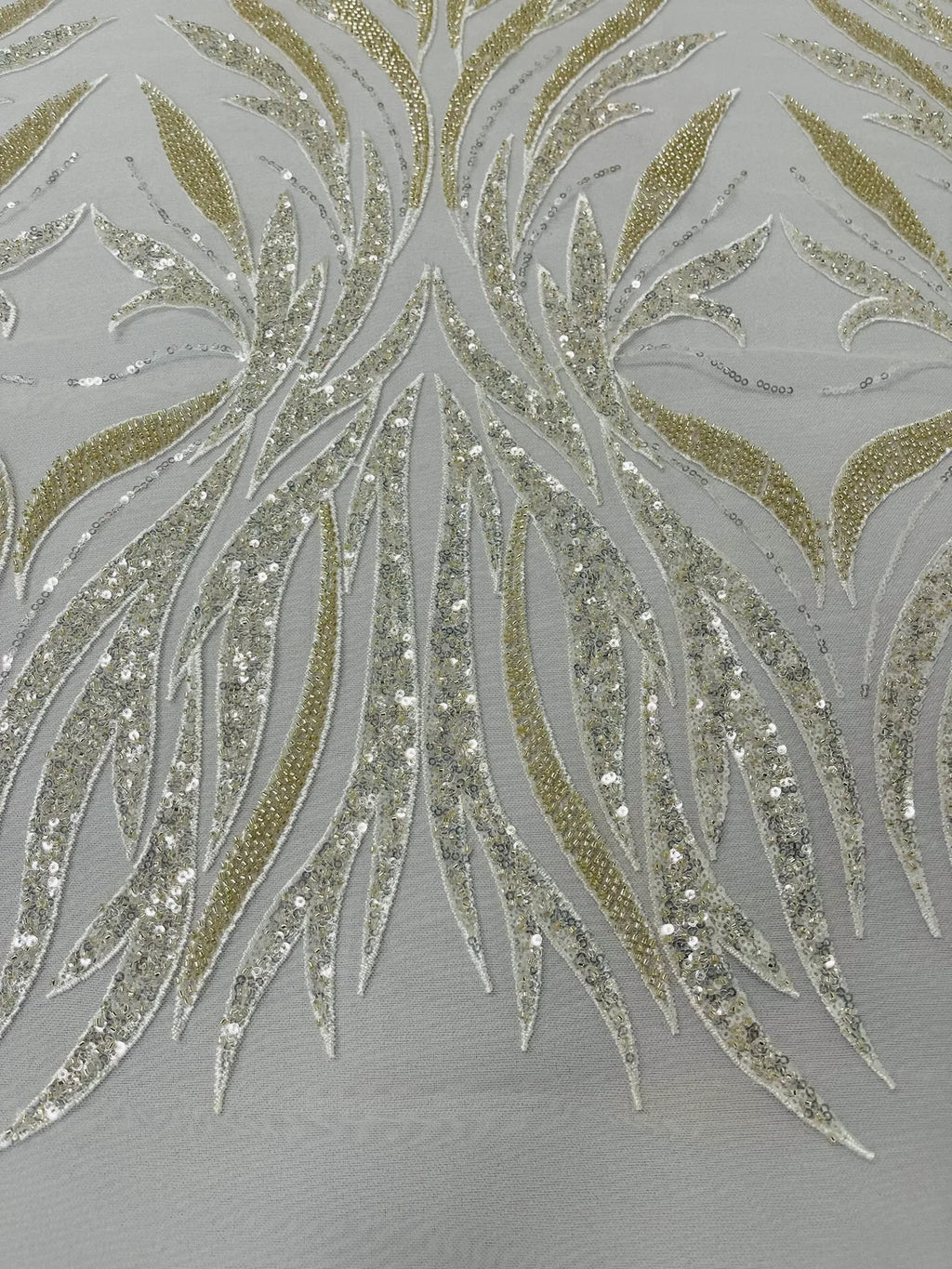 Beaded Elegant Leaf Fabric - Ivory - Embroidered Leaf Design Beaded Fabric Sold by Yard