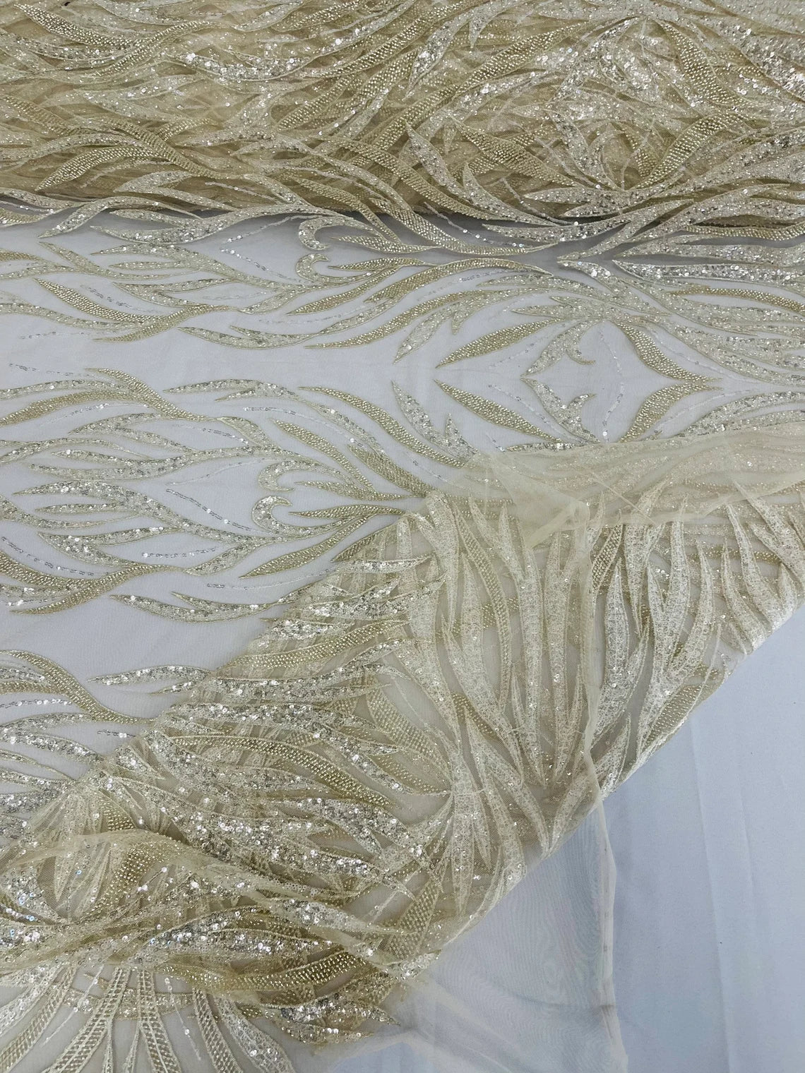 Beaded Elegant Leaf Fabric - Clear - Embroidered Leaf Design Beaded Fabric Sold by Yard