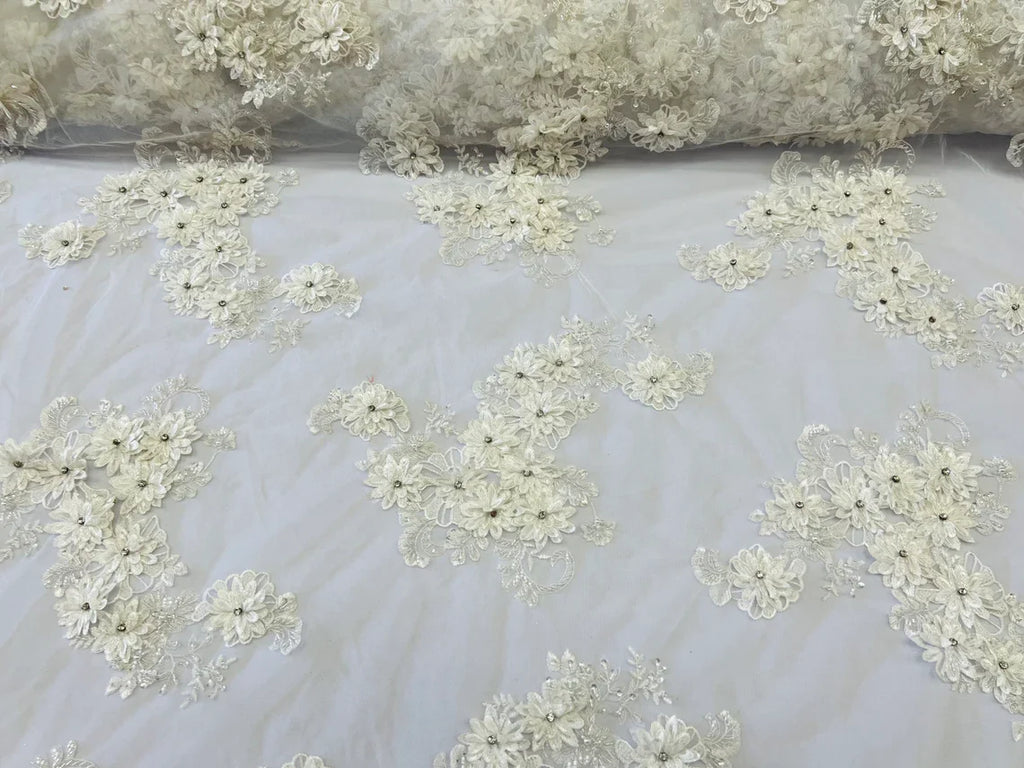 3D Flowers and Rhinestone - Ivory - Elegant Realistic Flowers Embroidered On Lace Fabric By Yard