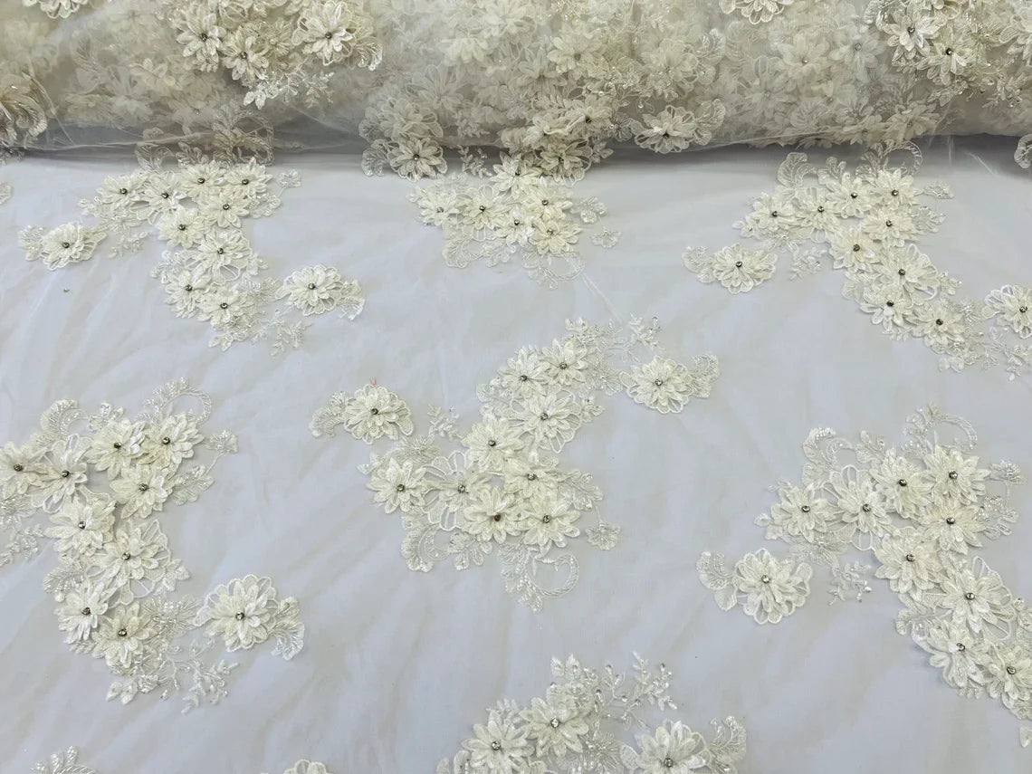 3D Flowers and Rhinestone - Ivory - Elegant Realistic Flowers Embroidered On Lace Fabric By Yard