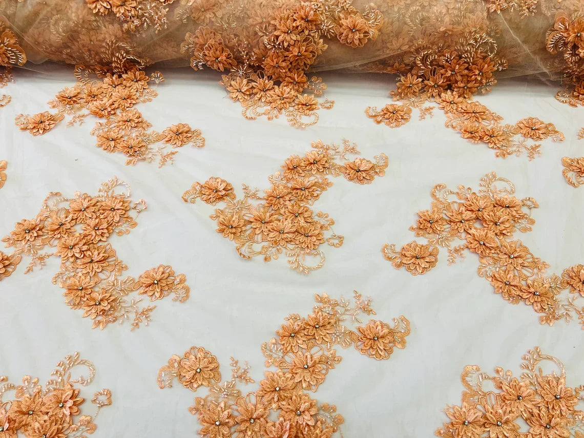 3D Flowers and Rhinestone - Peach - Elegant Realistic Flowers Embroidered On Lace Fabric By Yard