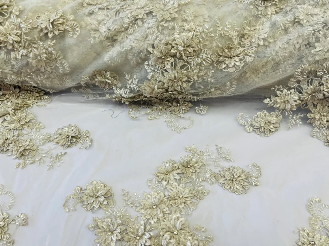 3D Flowers and Rhinestone - Light Silver - Elegant Realistic Flowers Embroidered On Lace Fabric By Yard
