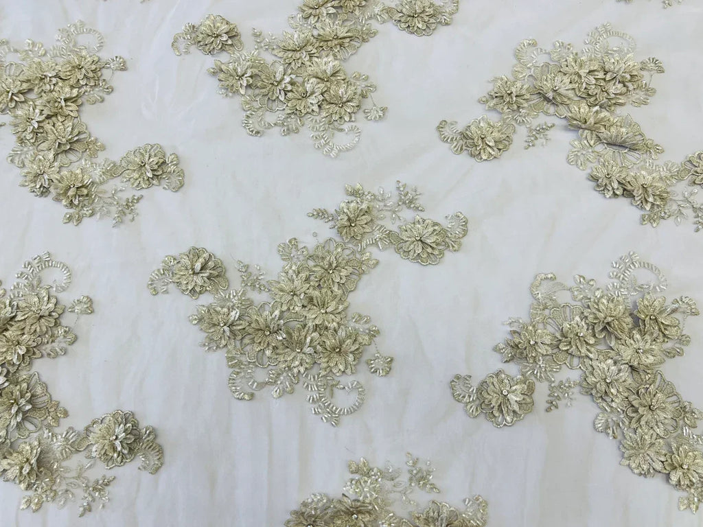 3D Flowers and Rhinestone - Light Silver - Elegant Realistic Flowers Embroidered On Lace Fabric By Yard