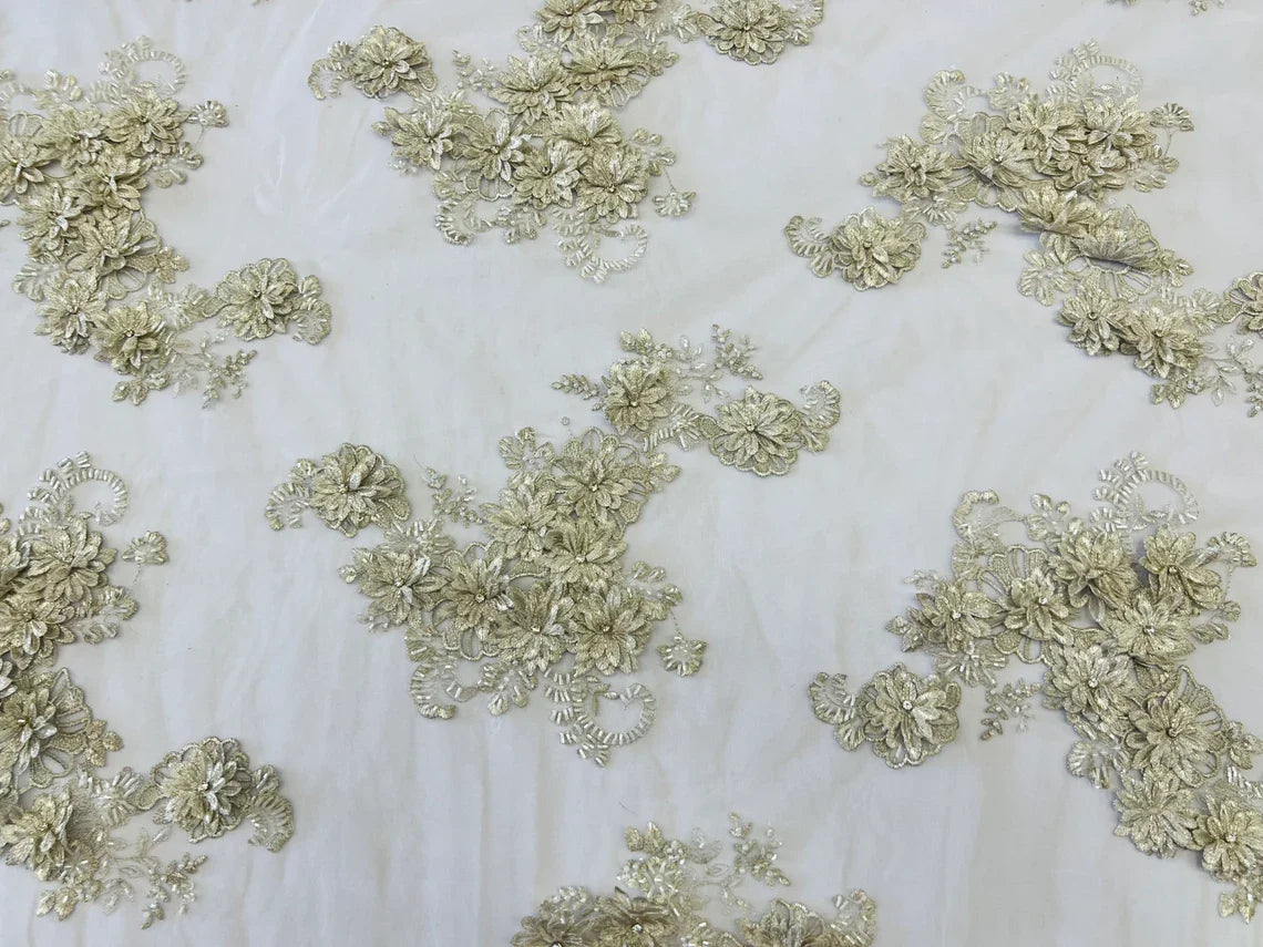 3D Flowers and Rhinestone - Light Silver - Elegant Realistic Flowers Embroidered On Lace Fabric By Yard