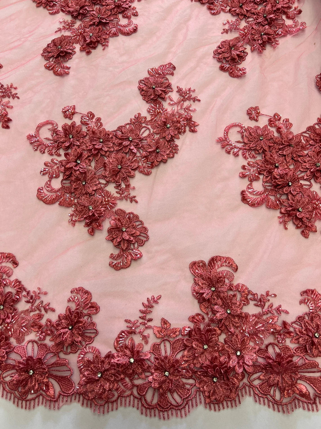 3D Flowers and Rhinestone - Coral - Elegant Realistic Flowers Embroidered On Lace Fabric By Yard