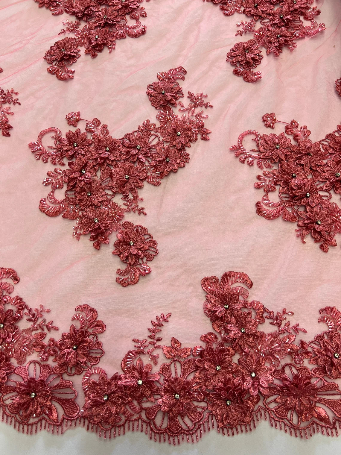 3D Flowers and Rhinestone - Coral - Elegant Realistic Flowers Embroidered On Lace Fabric By Yard