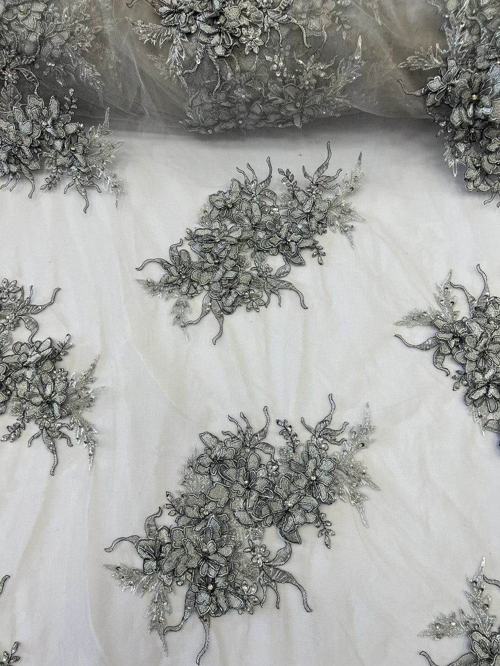 3D Floral Clusters with Rhinestone - Silver Embroidered Flowers Beads On Lace Yard