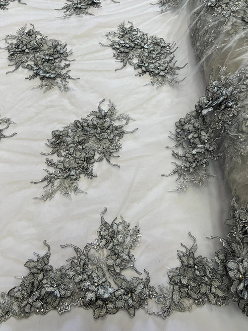 3D Floral Clusters with Rhinestone - Silver Embroidered Flowers Beads On Lace Yard