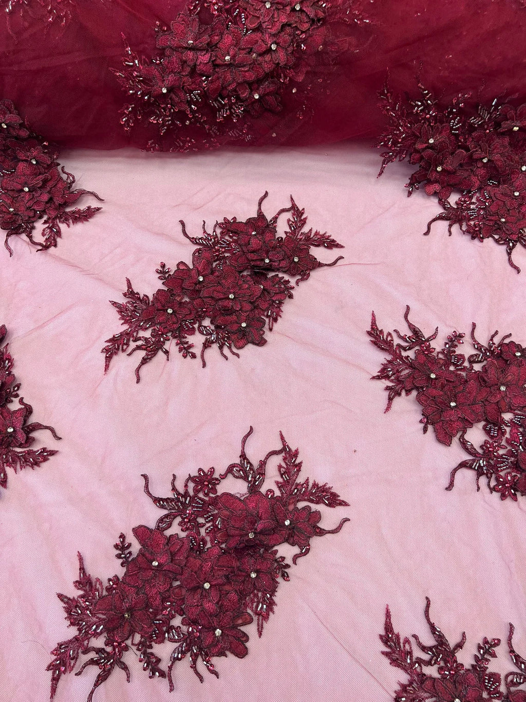 3D Floral Clusters with Rhinestone - Burgundy Embroidered Flowers Beads On Lace Yard