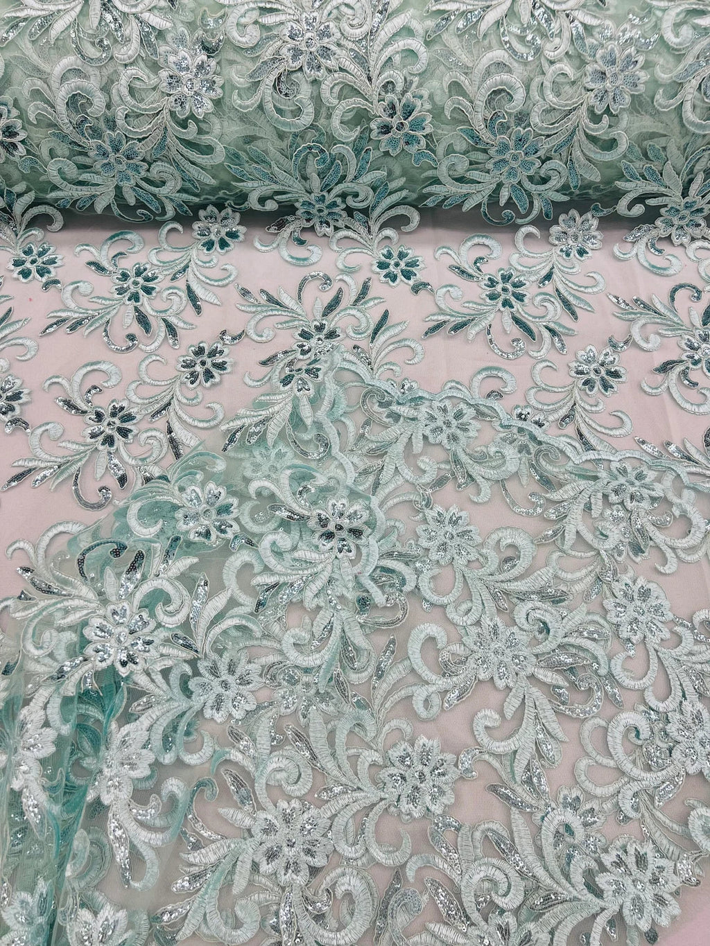 Small Flower Fabric - Mint - Floral Plant Embroidered Design on Lace Mesh By Yard