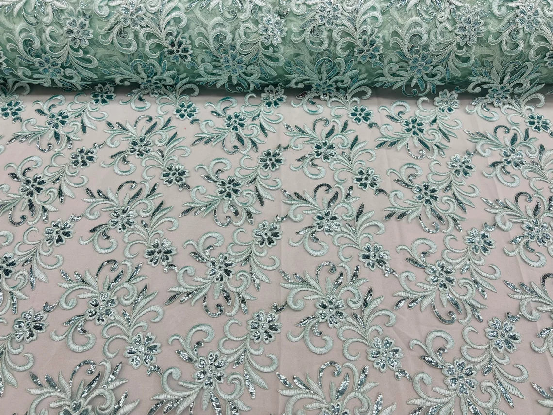 Small Flower Fabric - Mint - Floral Plant Embroidered Design on Lace Mesh By Yard