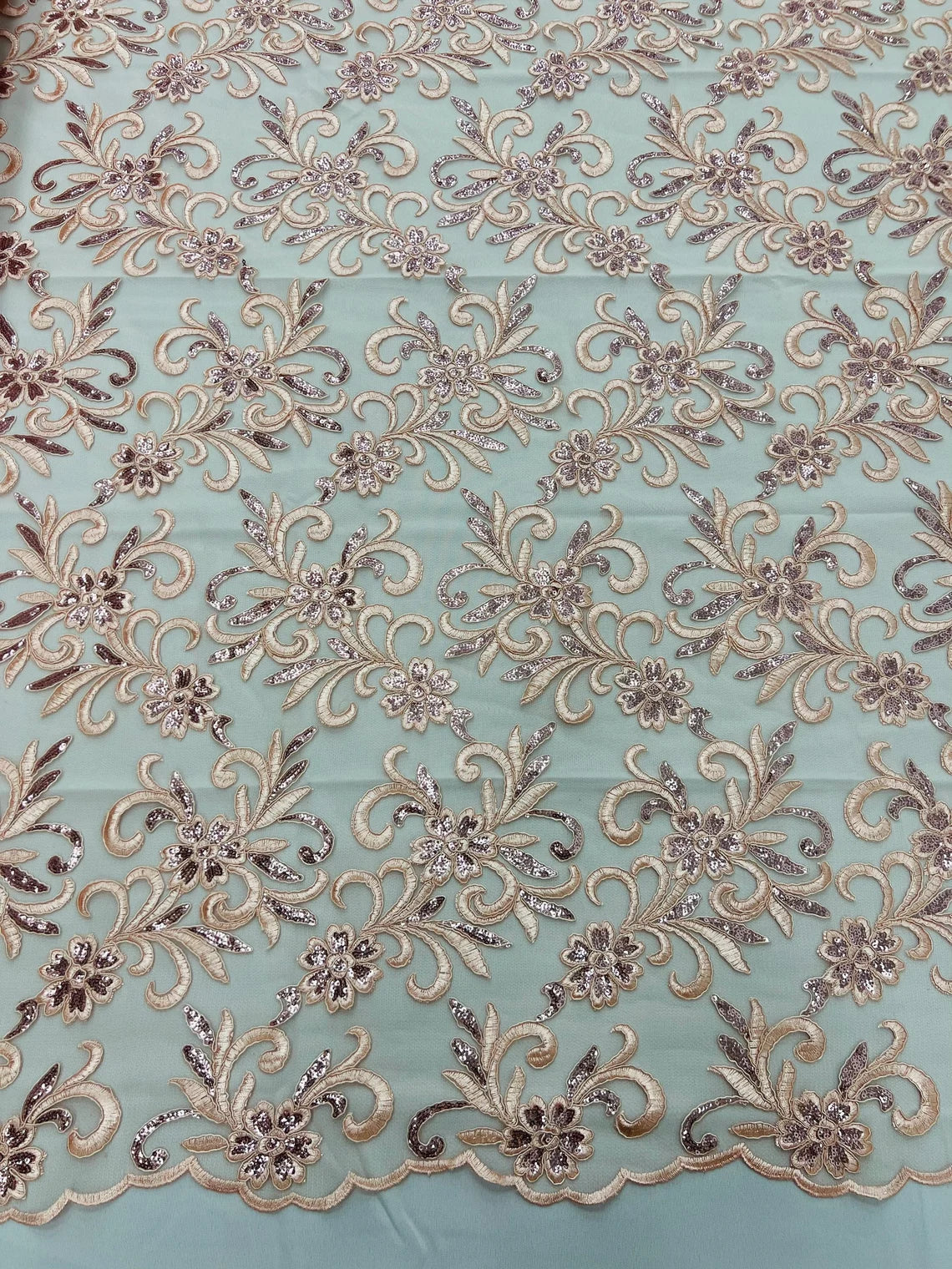 Small Flower Fabric - Peach - Floral Plant Embroidered Design on Lace Mesh By Yard