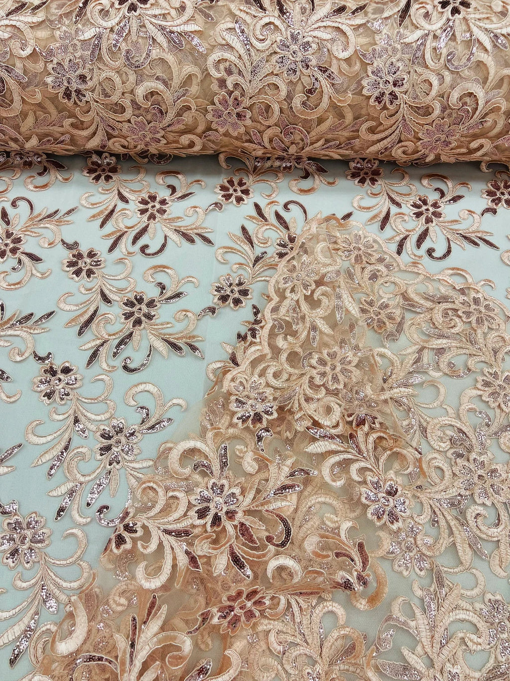 Small Flower Fabric - Peach - Floral Plant Embroidered Design on Lace Mesh By Yard