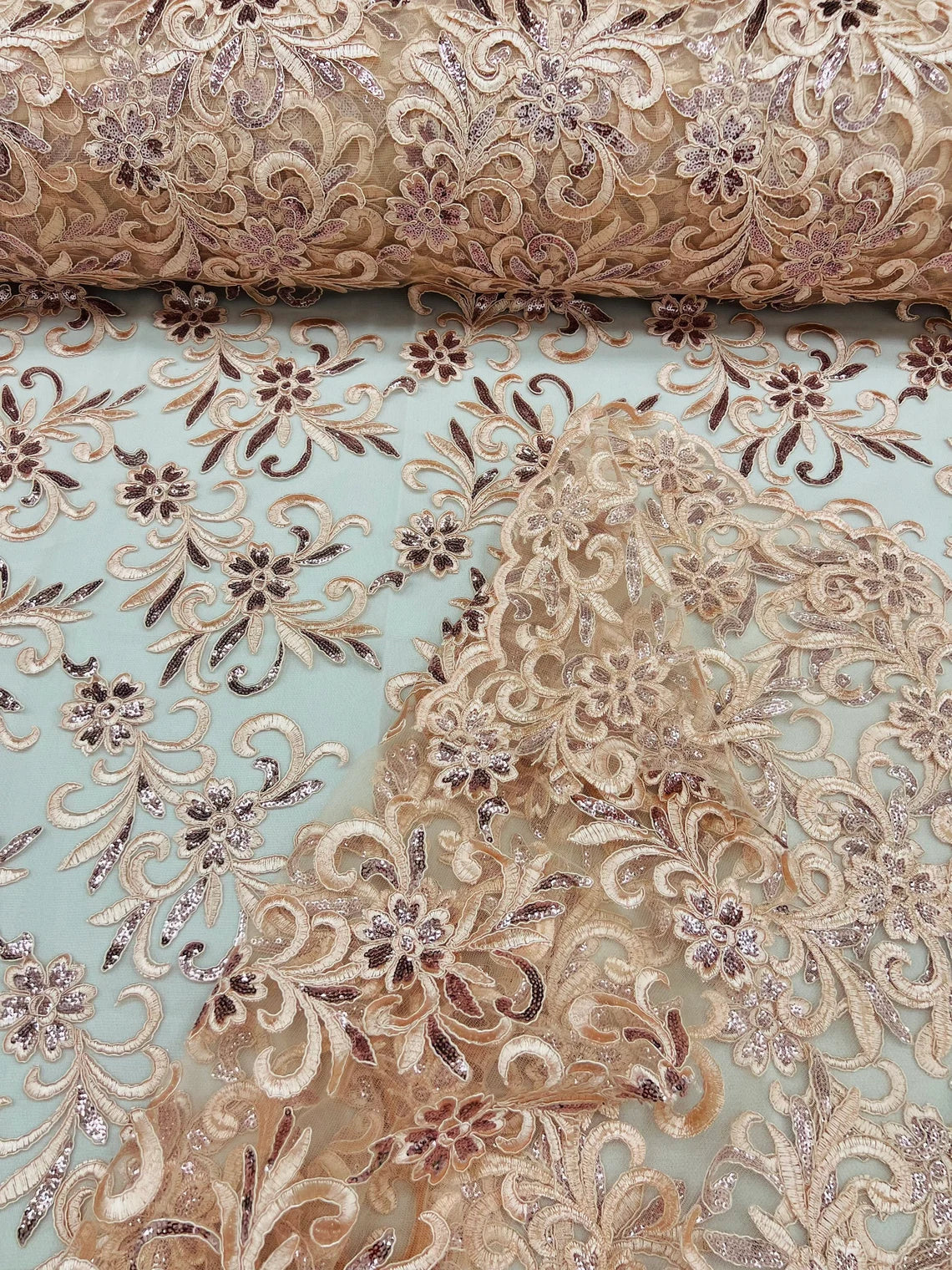 Small Flower Fabric - Peach - Floral Plant Embroidered Design on Lace Mesh By Yard