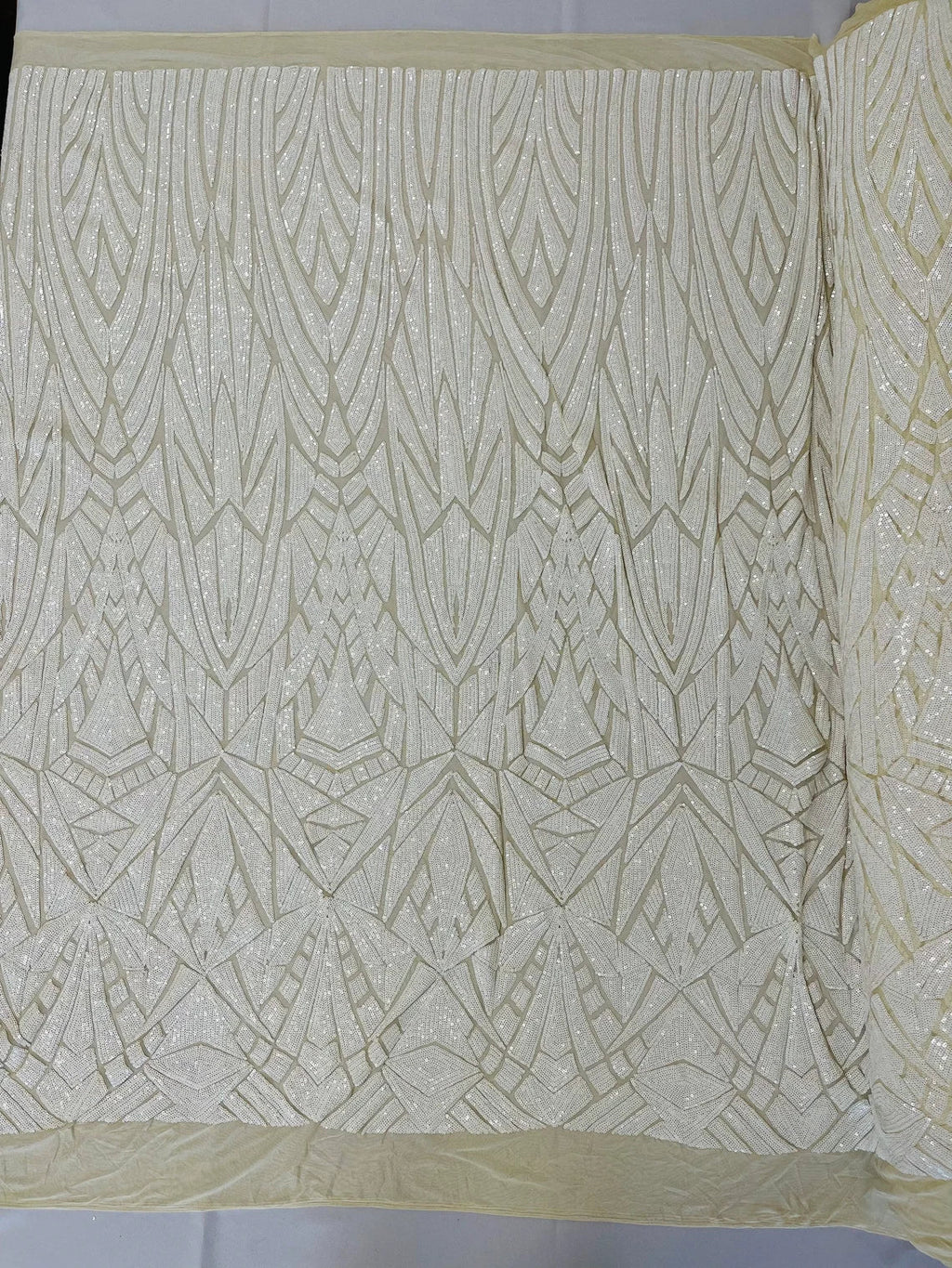 Geometric Fabric - White - Geometric Sequins Pattern Design 4 Way Stretch Sold By Yard