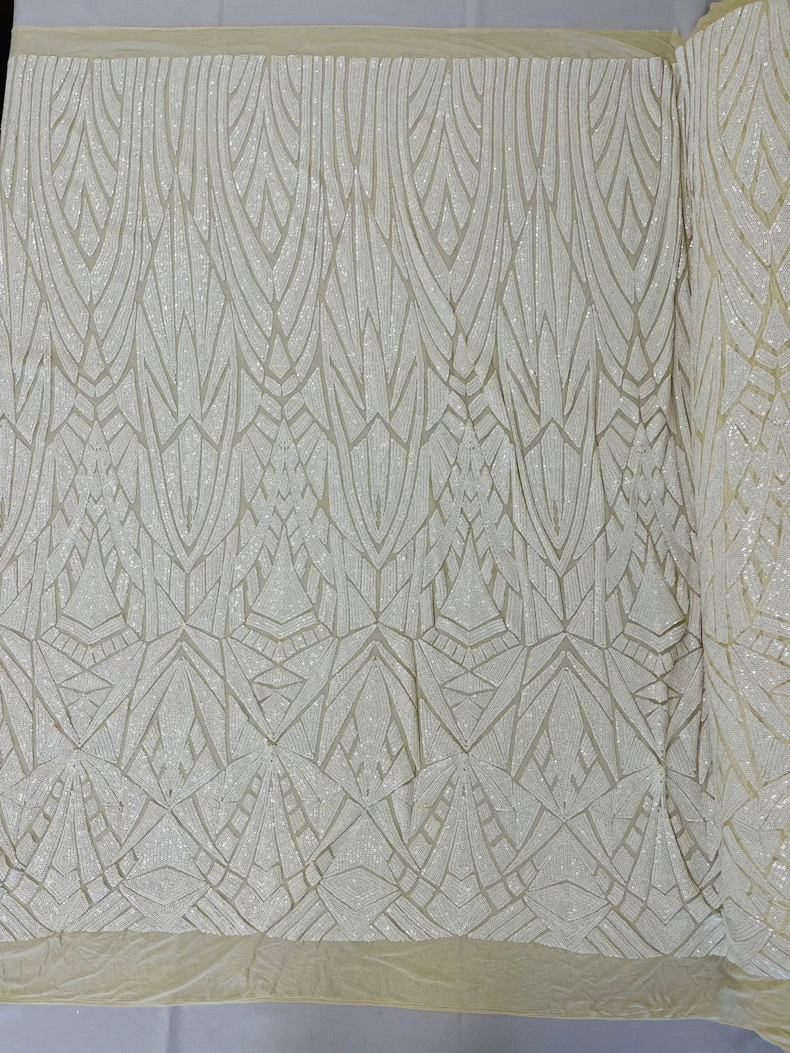 Geometric Fabric - White - Geometric Sequins Pattern Design 4 Way Stretch Sold By Yard