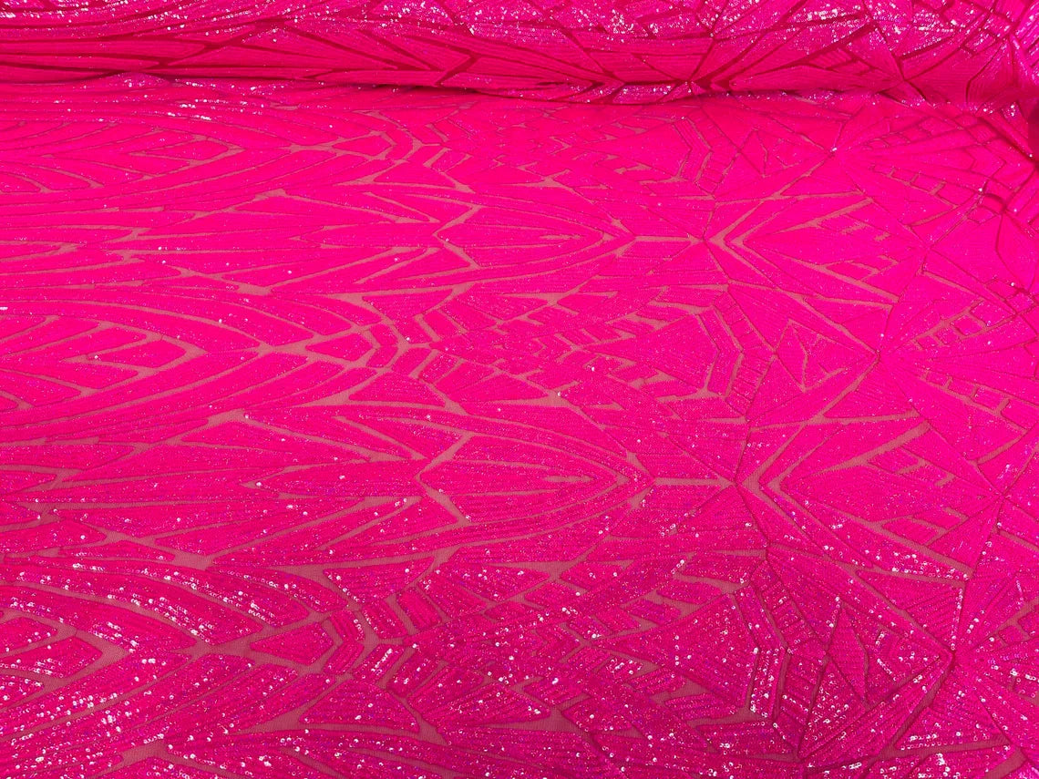 Geometric Fabric - Hot Pink - Geometric Sequins Pattern Design 4 Way Stretch Sold By Yard