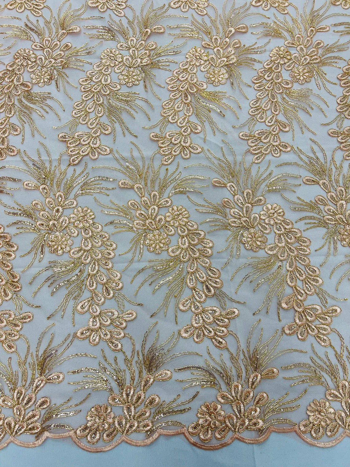 Floral Plant Cluster Fabric - Light Coral - Embroidered High Quality Lace Fabric Sold by Yard