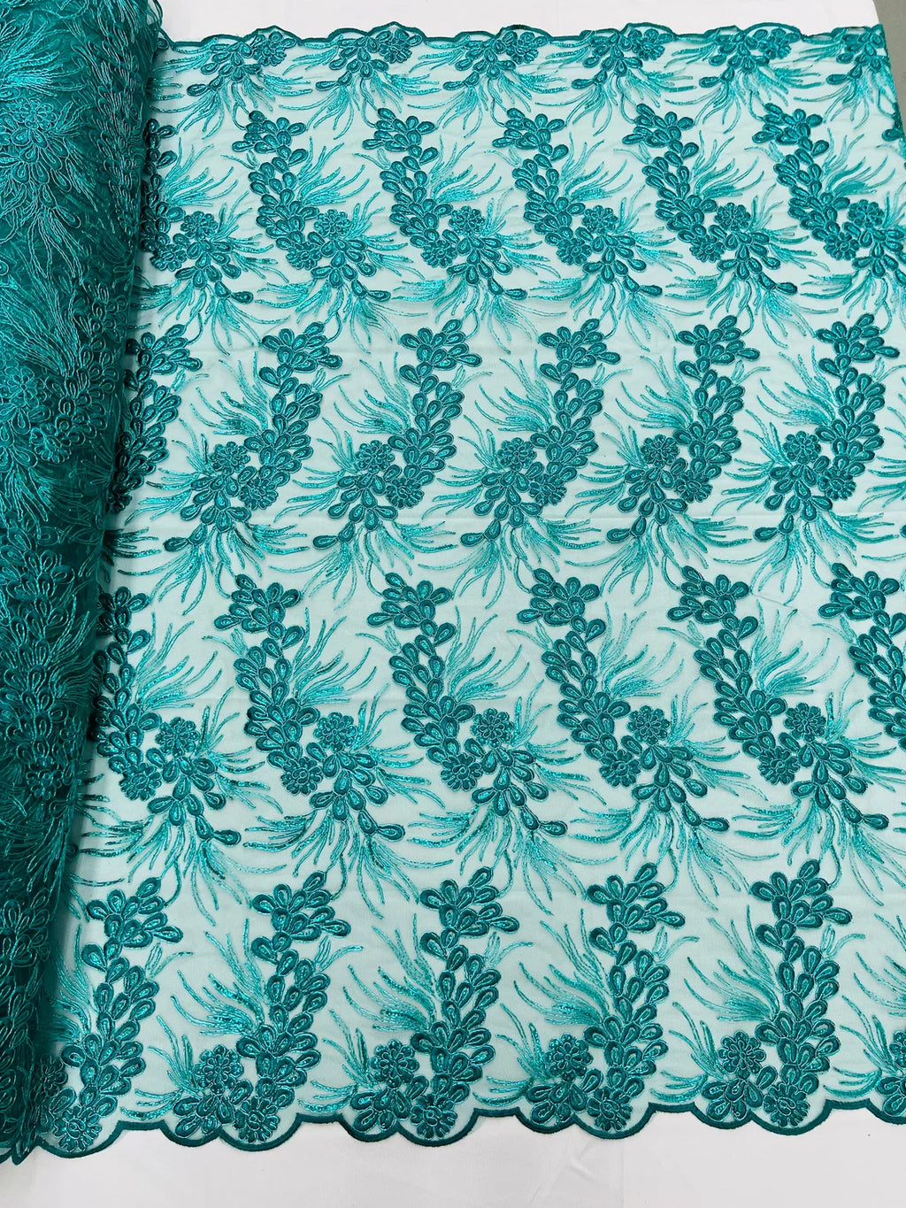 Floral Plant Cluster Fabric - Jade - Embroidered High Quality Lace Fabric Sold by Yard