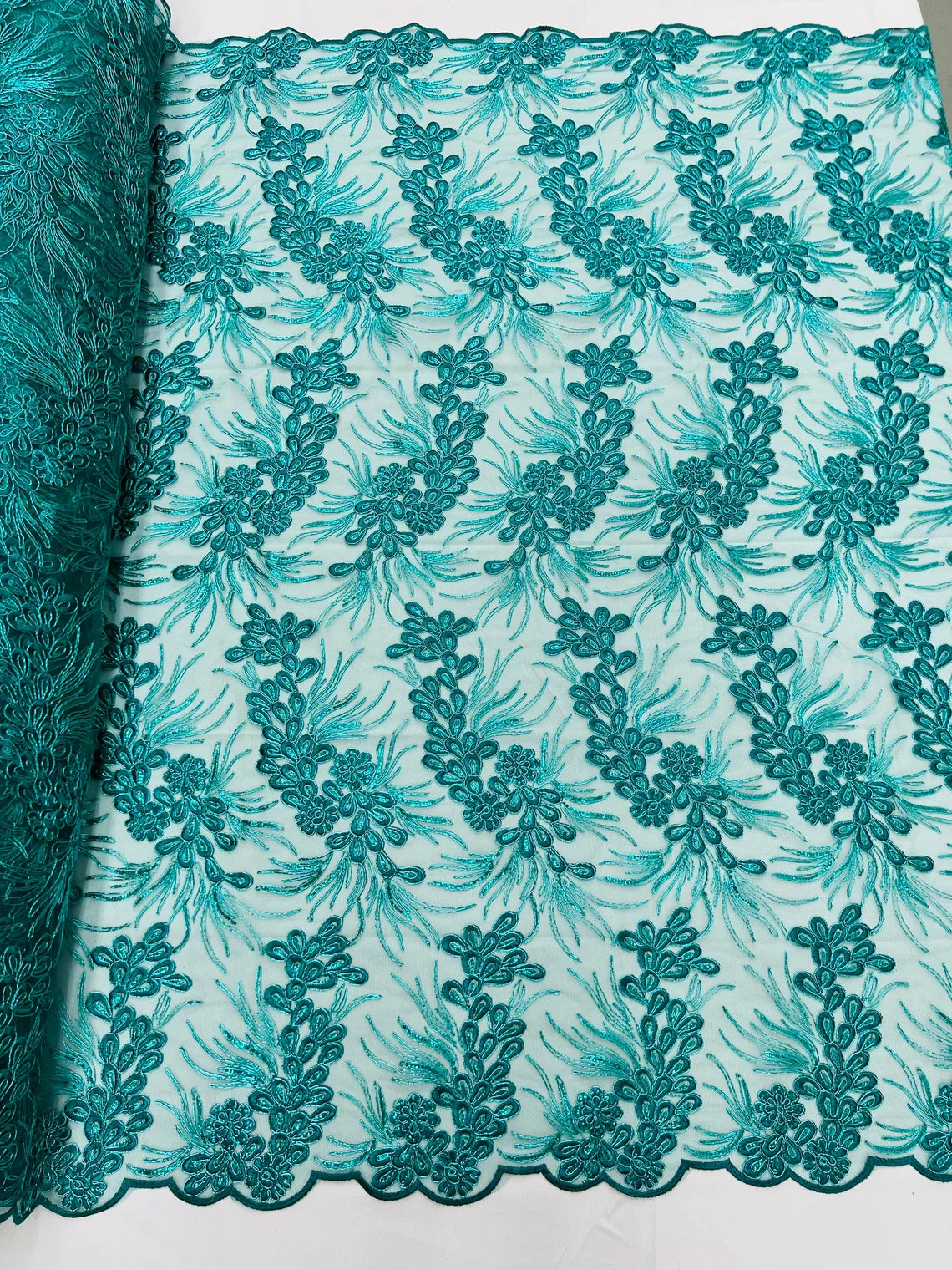 Floral Plant Cluster Fabric - Jade - Embroidered High Quality Lace Fabric Sold by Yard