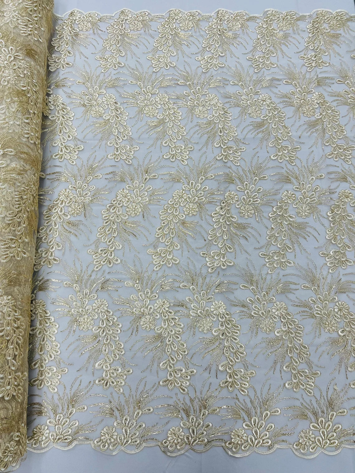 Floral Plant Cluster Fabric - Ivory / Gold - Embroidered High Quality Lace Fabric Sold by Yard