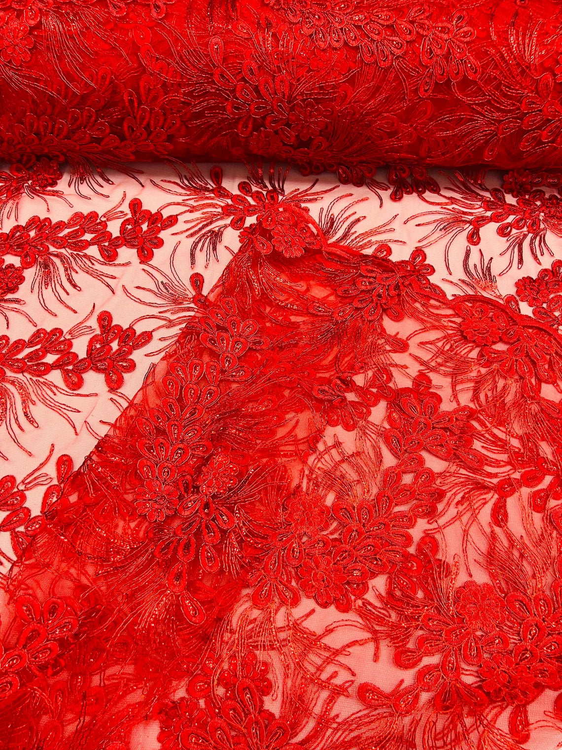 Floral Plant Cluster Fabric - Red - Embroidered High Quality Lace Fabric Sold by Yard