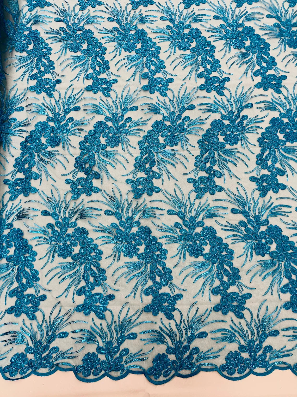 Floral Plant Cluster Fabric - Turquoise - Embroidered High Quality Lace Fabric Sold by Yard
