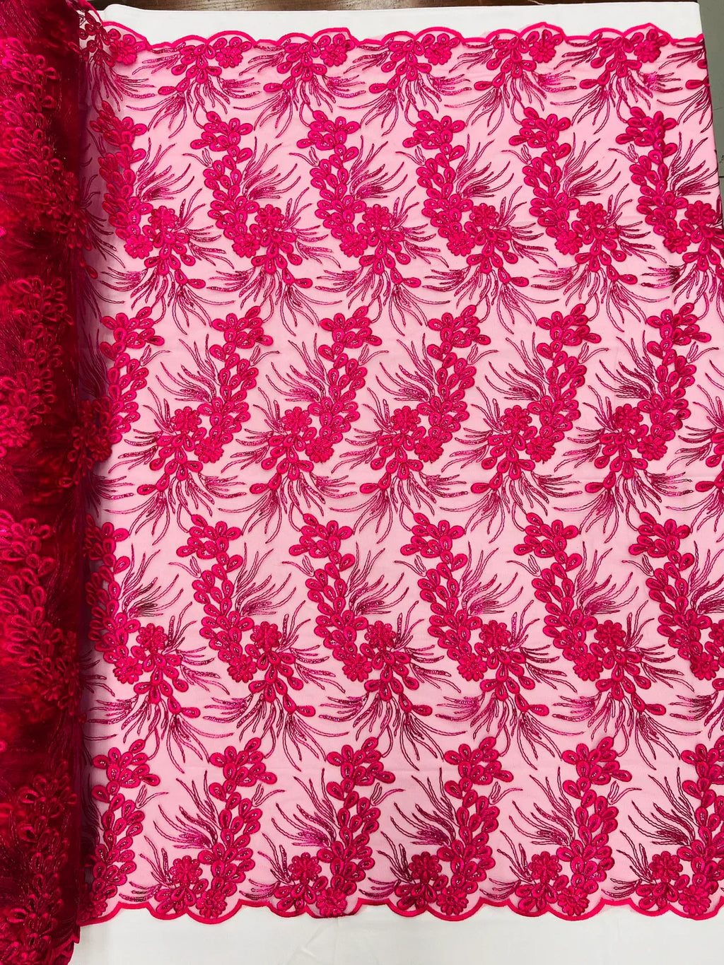 Floral Plant Cluster Fabric - Fuchsia - Embroidered High Quality Lace Fabric Sold by Yard