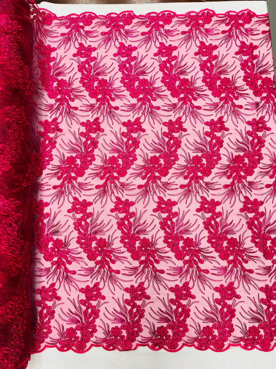 Floral Plant Cluster Fabric - Fuchsia - Embroidered High Quality Lace Fabric Sold by Yard