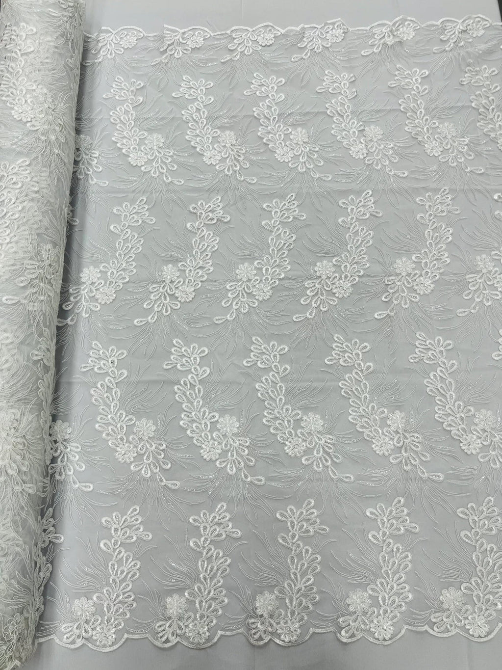 Floral Plant Cluster Fabric - White - Embroidered High Quality Lace Fabric Sold by Yard