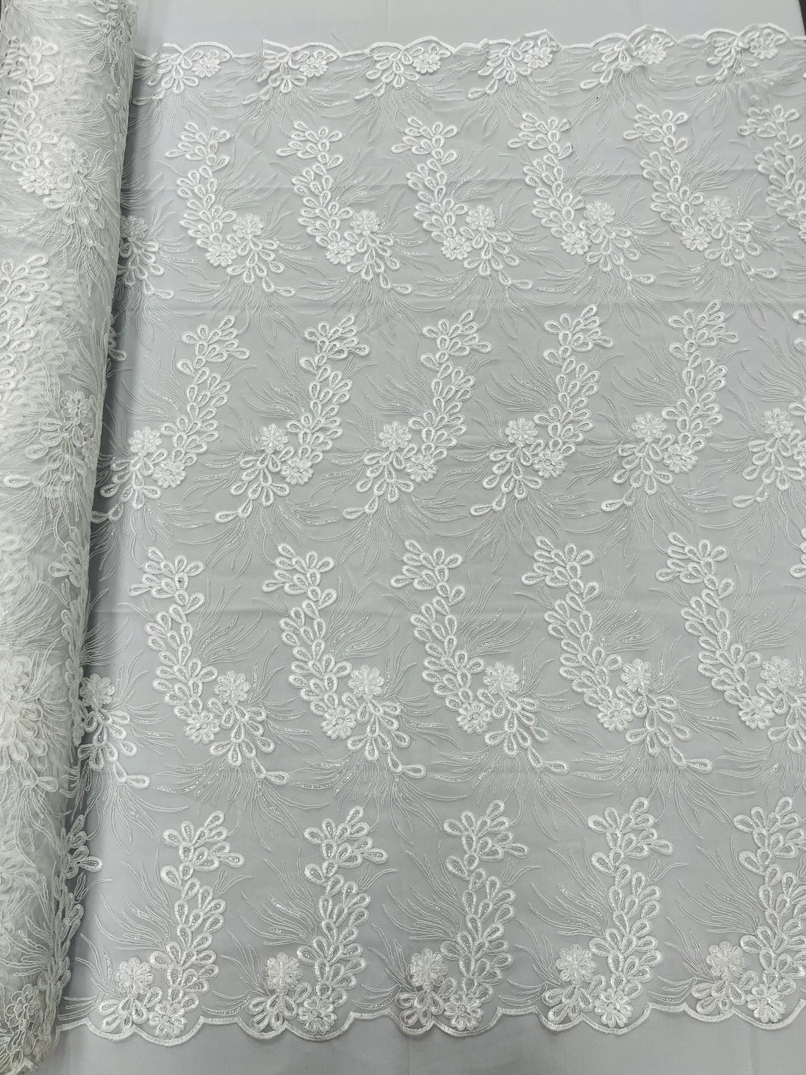 Floral Plant Cluster Fabric - White - Embroidered High Quality Lace Fabric Sold by Yard