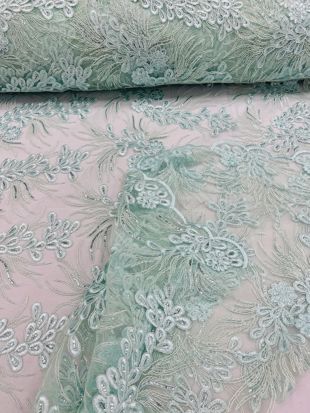 Floral Plant Cluster Fabric - Mint - Embroidered High Quality Lace Fabric Sold by Yard