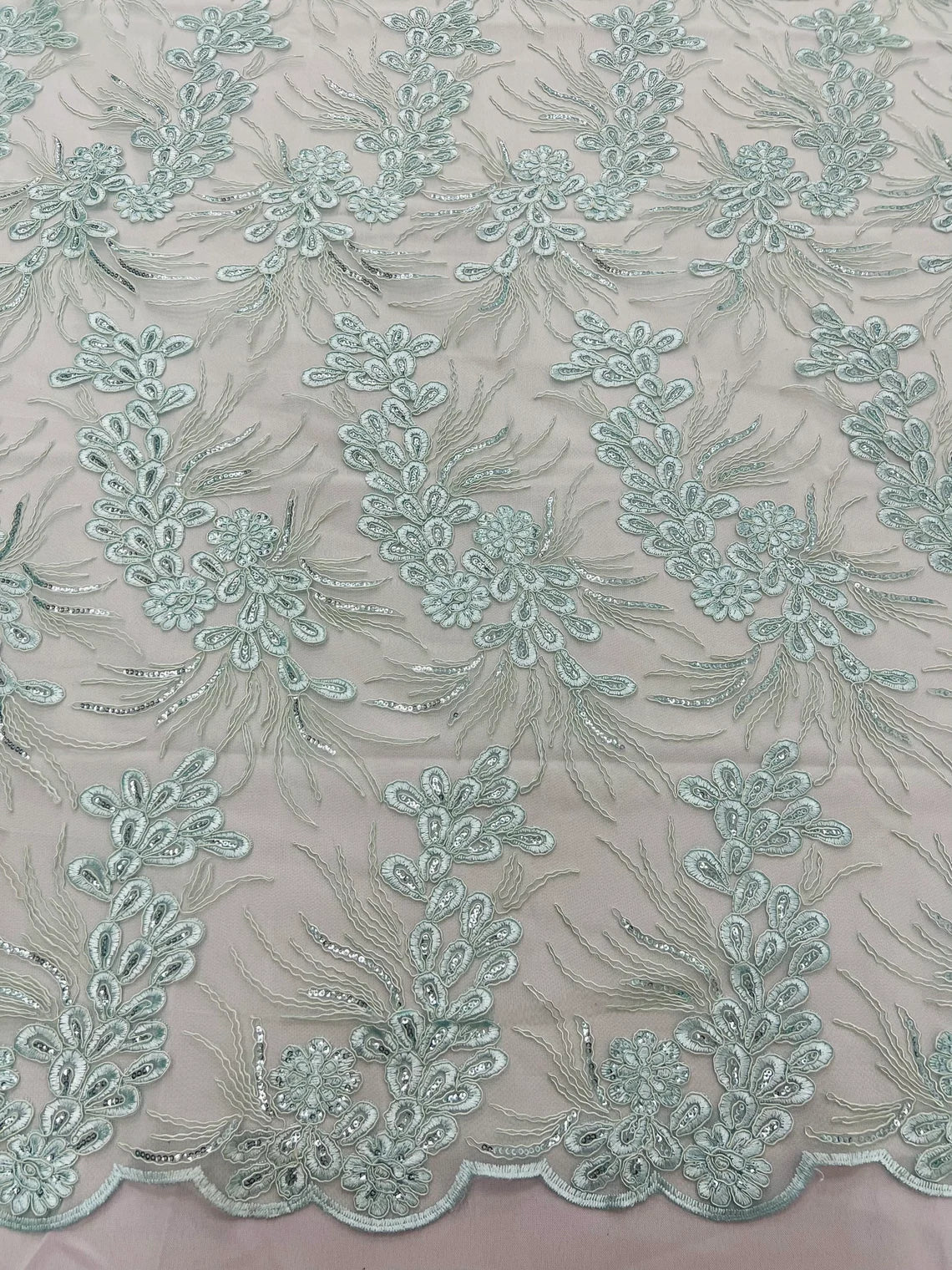 Floral Plant Cluster Fabric - Mint - Embroidered High Quality Lace Fabric Sold by Yard