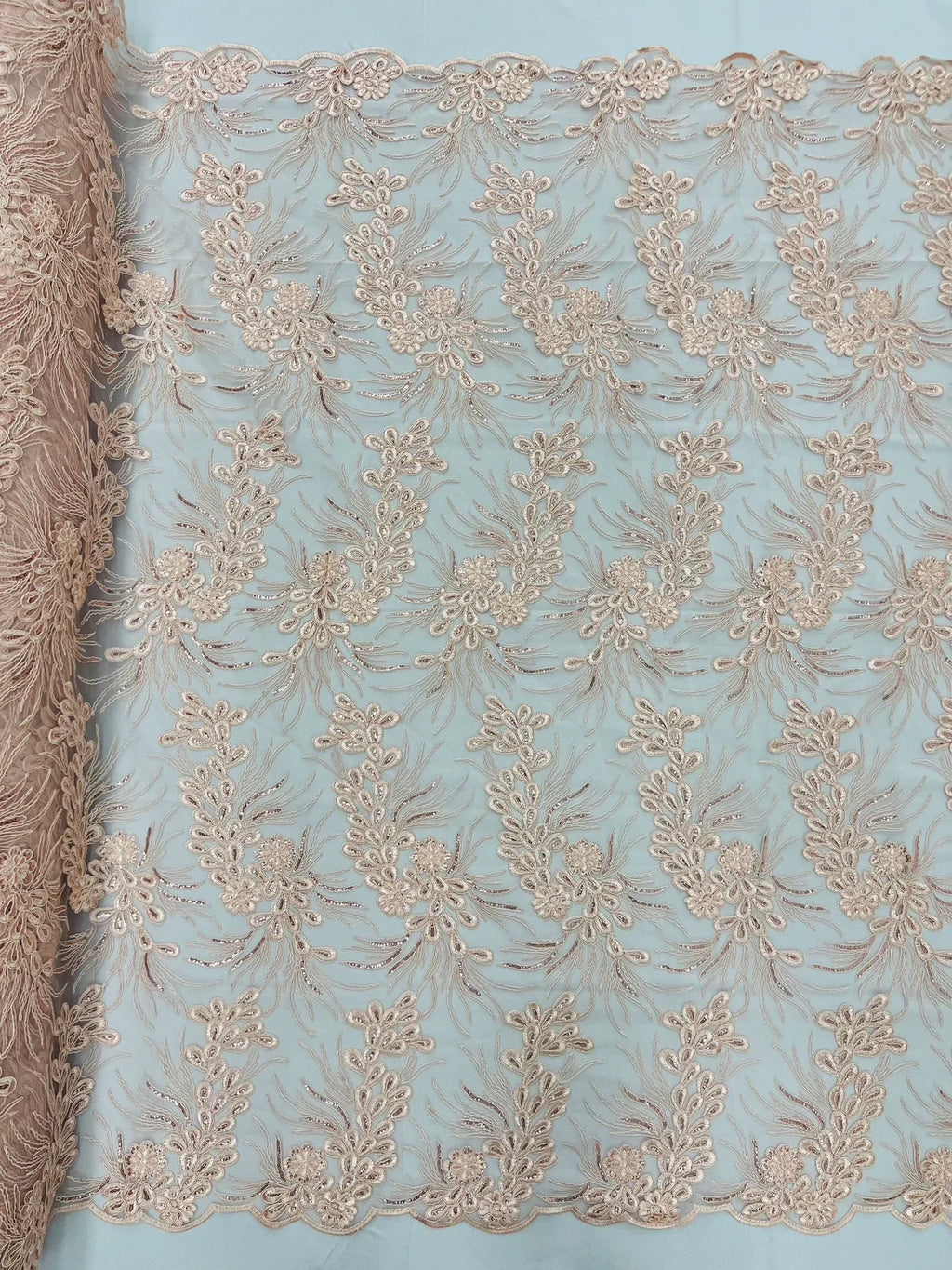 Floral Plant Cluster Fabric - Blush - Embroidered High Quality Lace Fabric Sold by Yard