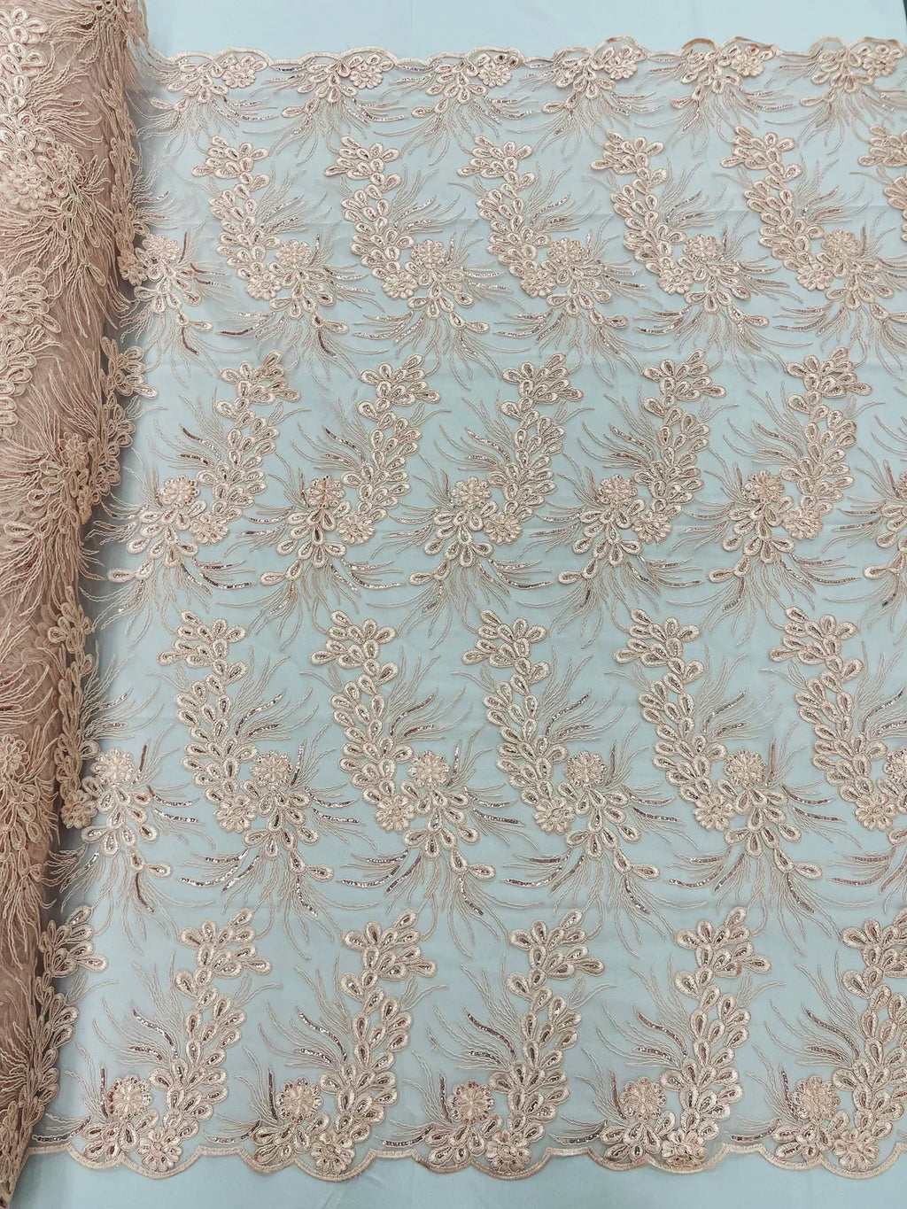Floral Plant Cluster Fabric - Blush - Embroidered High Quality Lace Fabric Sold by Yard