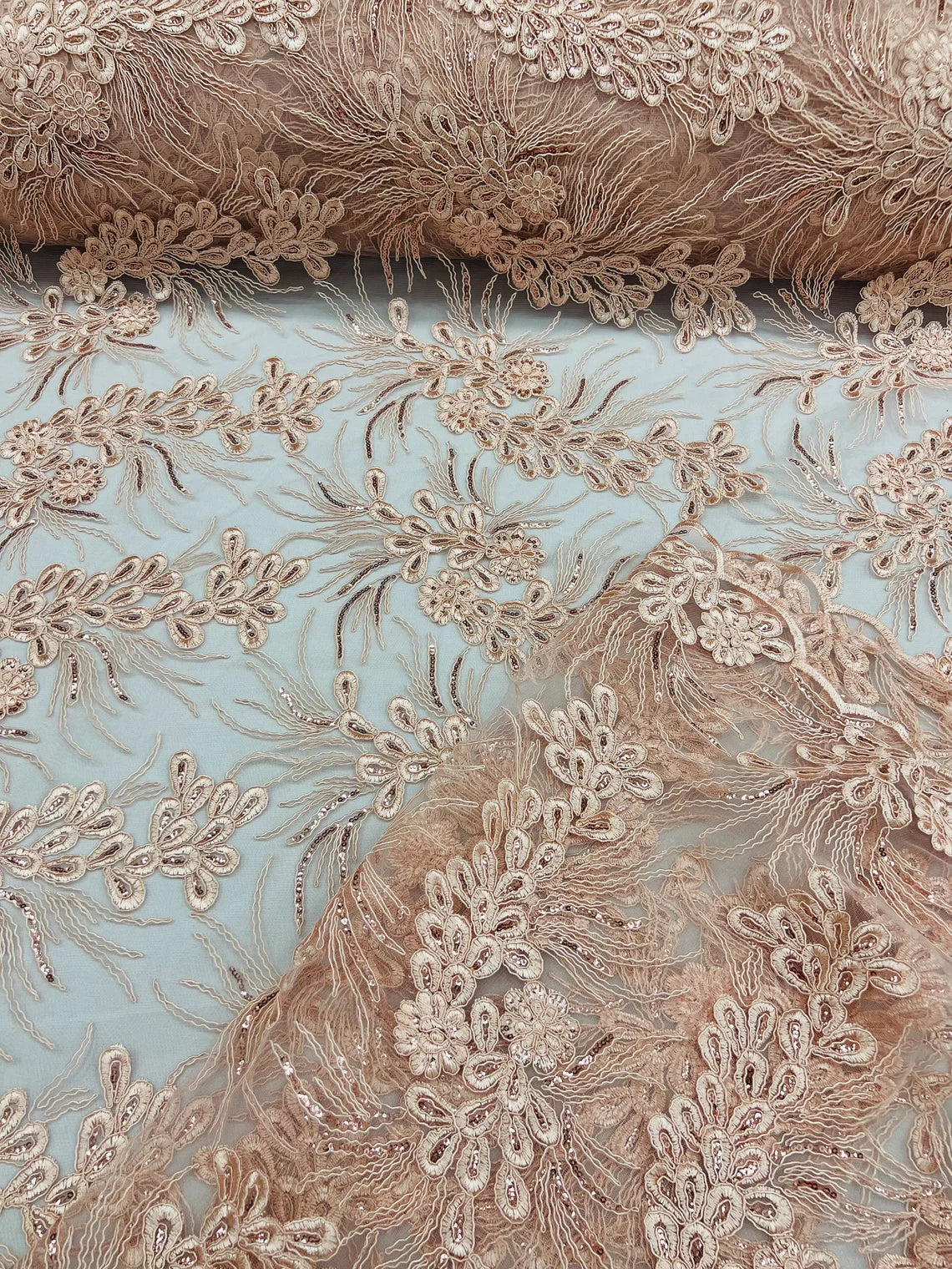 Floral Plant Cluster Fabric - Blush - Embroidered High Quality Lace Fabric Sold by Yard