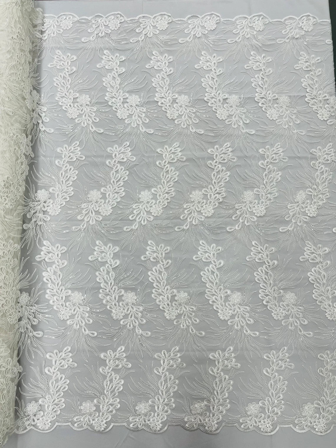 Floral Plant Cluster Fabric - Ivory - Embroidered High Quality Lace Fabric Sold by Yard