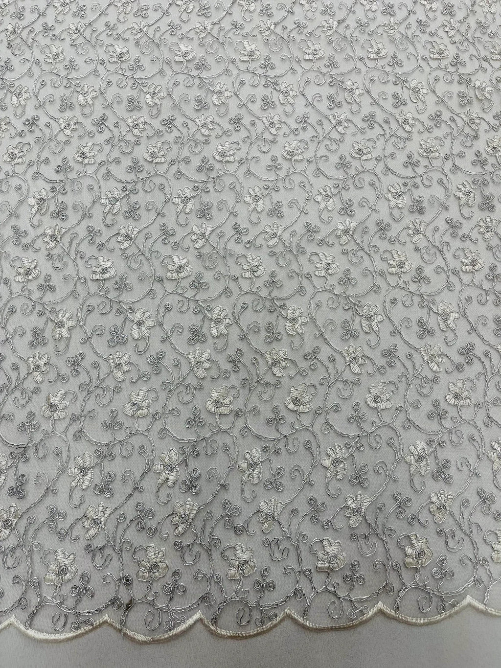 Metallic Floral Lace Fabric - White/Silver - Embroidered  Flower Design on Lace Mesh Fabric By Yard