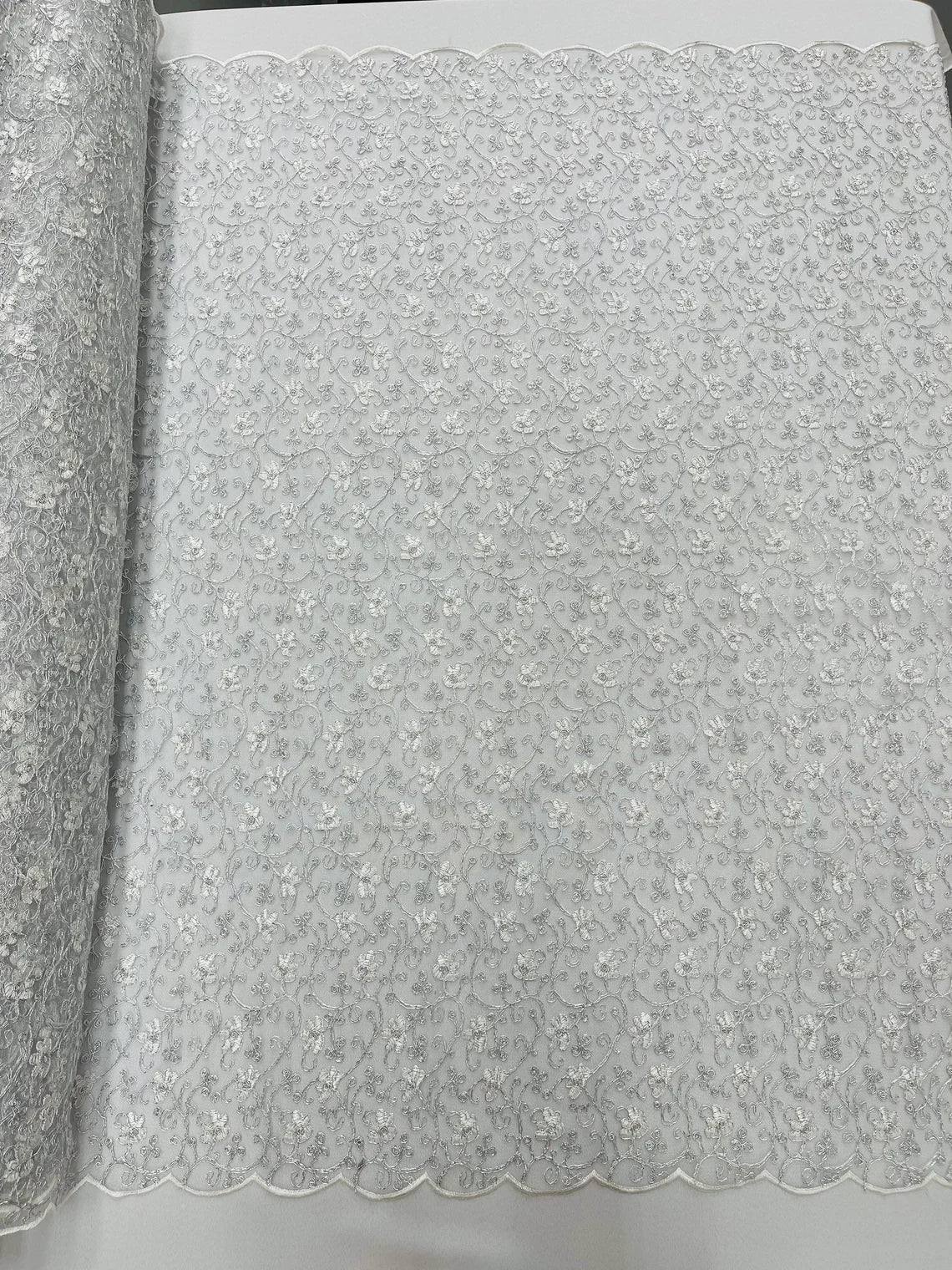 Metallic Floral Lace Fabric - White/Silver - Embroidered  Flower Design on Lace Mesh Fabric By Yard
