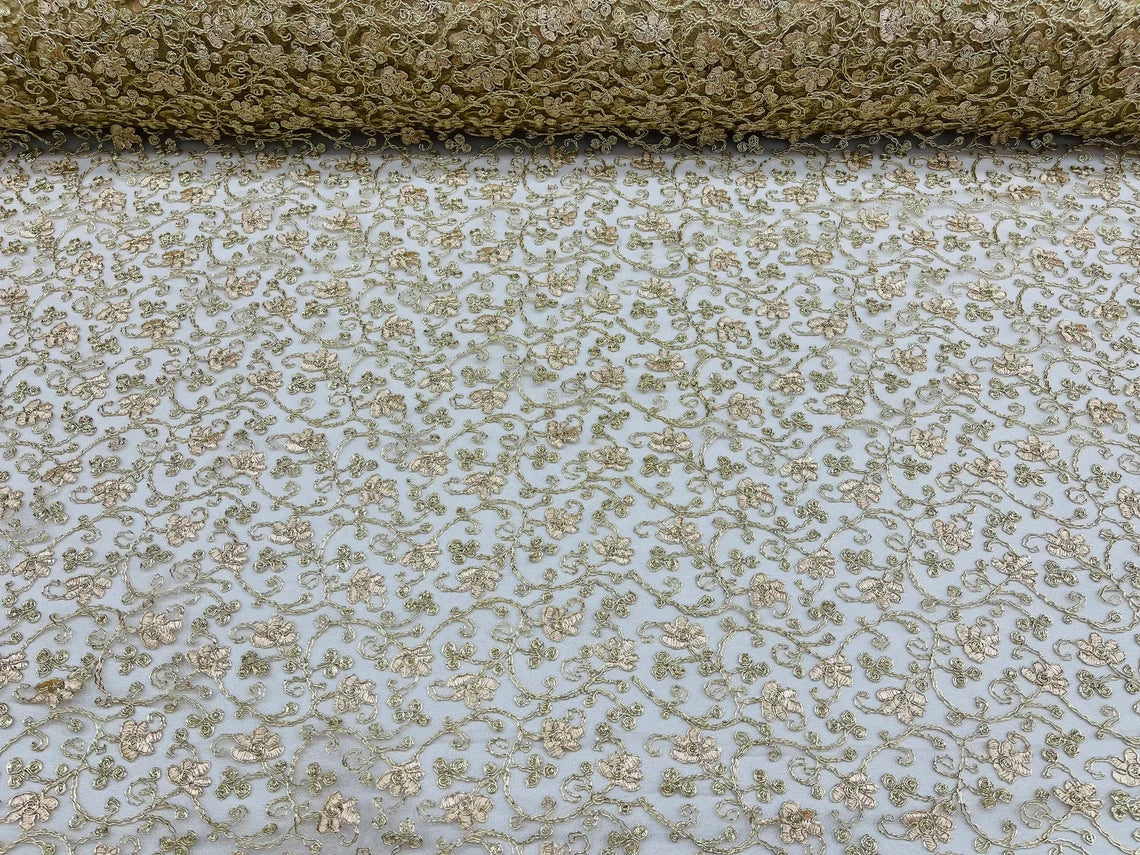 Metallic Floral Lace Fabric - Gold  - Embroidered  Flower Design on Lace Mesh Fabric By Yard
