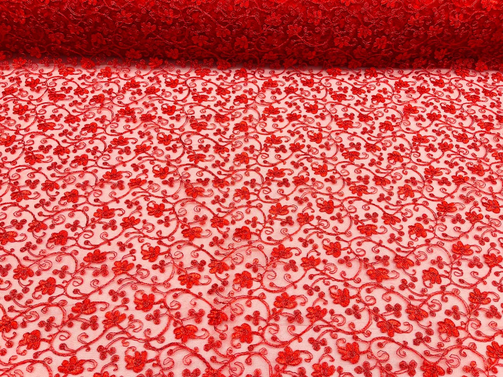 Metallic Floral Lace Fabric - Red - Embroidered  Flower Design on Lace Mesh Fabric By Yard