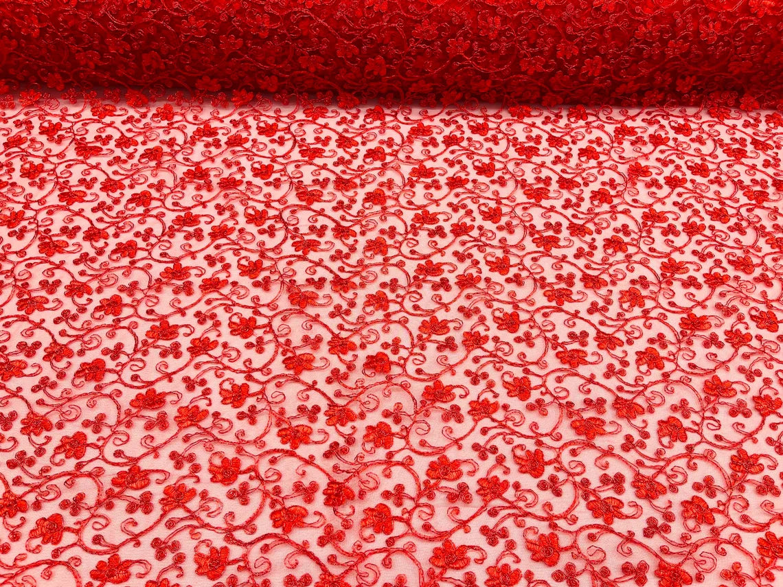 Metallic Floral Lace Fabric - Red - Embroidered  Flower Design on Lace Mesh Fabric By Yard