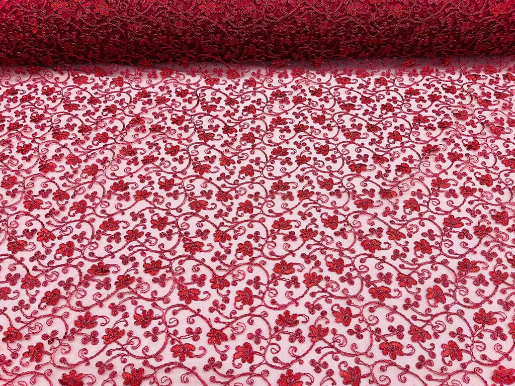 Metallic Floral Lace Fabric - Burgundy - Embroidered  Flower Design on Lace Mesh Fabric By Yard