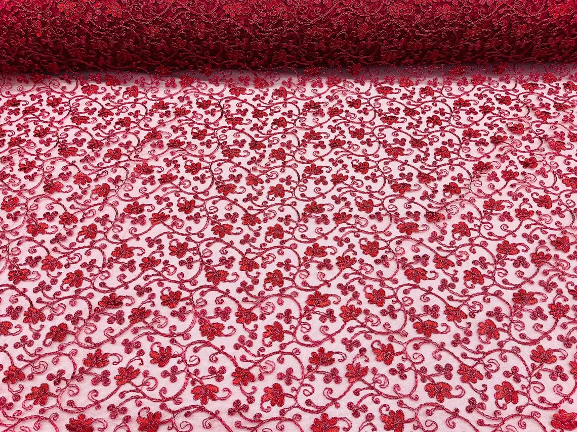 Metallic Floral Lace Fabric - Burgundy - Embroidered  Flower Design on Lace Mesh Fabric By Yard