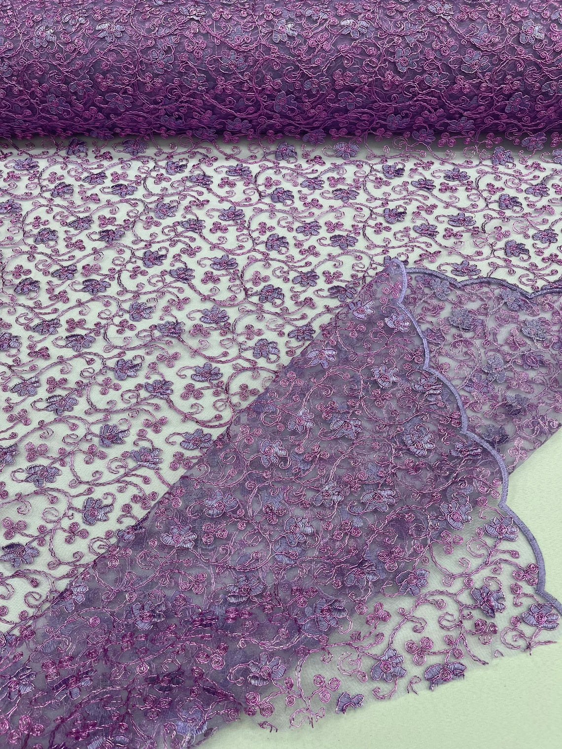 Metallic Floral Lace Fabric - Lilac - Embroidered  Flower Design on Lace Mesh Fabric By Yard