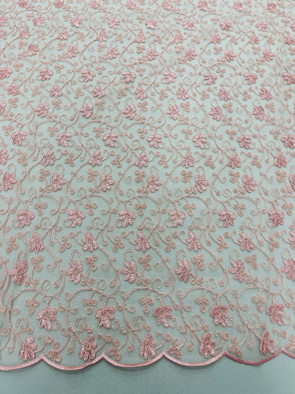 Metallic Floral Lace Fabric - Pink - Embroidered  Flower Design on Lace Mesh Fabric By Yard