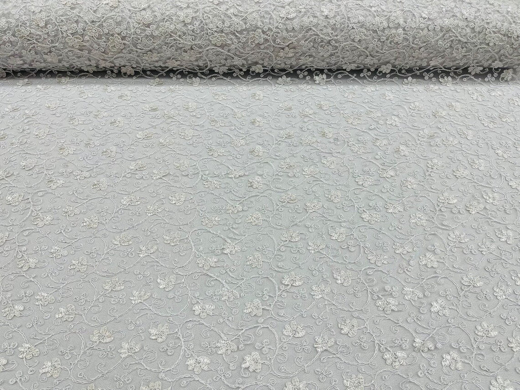 Metallic Floral Lace Fabric - White - Embroidered  Flower Design on Lace Mesh Fabric By Yard