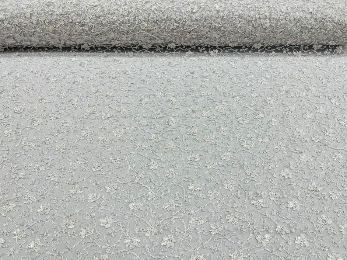 Metallic Floral Lace Fabric - White - Embroidered  Flower Design on Lace Mesh Fabric By Yard