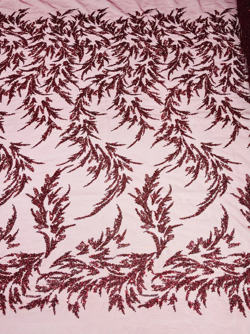 Leaf Plant Cluster Design Fabric - Burgundy - Beaded Embroidered Leaves Design on Lace Mesh By Yard